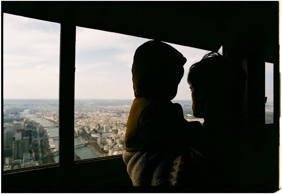 Silhouette of a father and child looking at panoramic city views from a tower window.